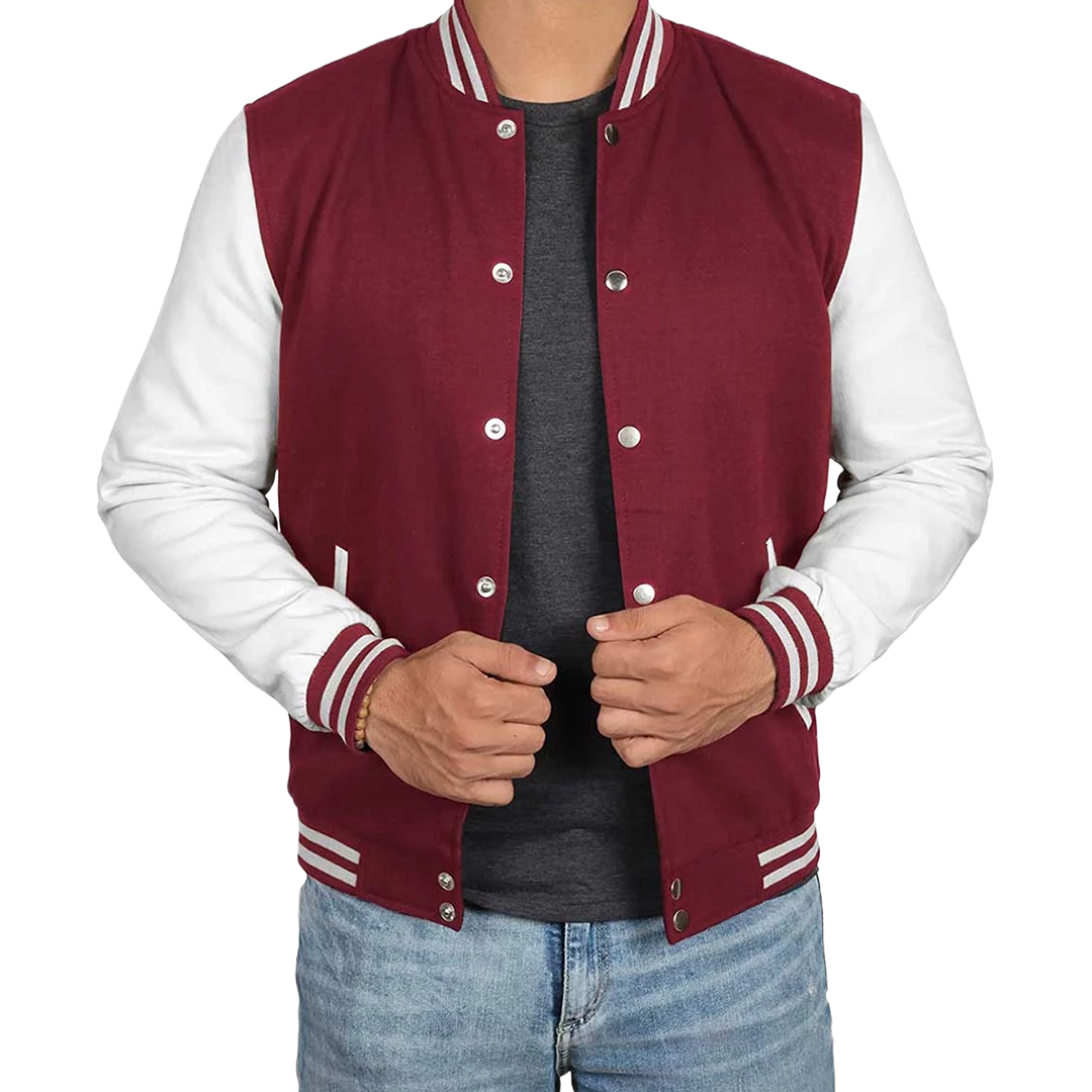 Men's Maroon and White Varsity Jacket - Letterman Bomber Style