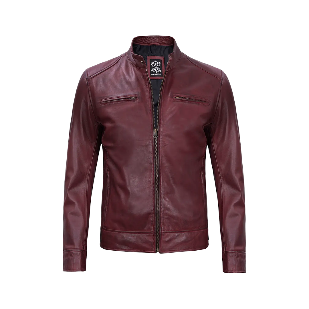 Men's Burgundy Leather Cafe Racer Motorcycle Jacket