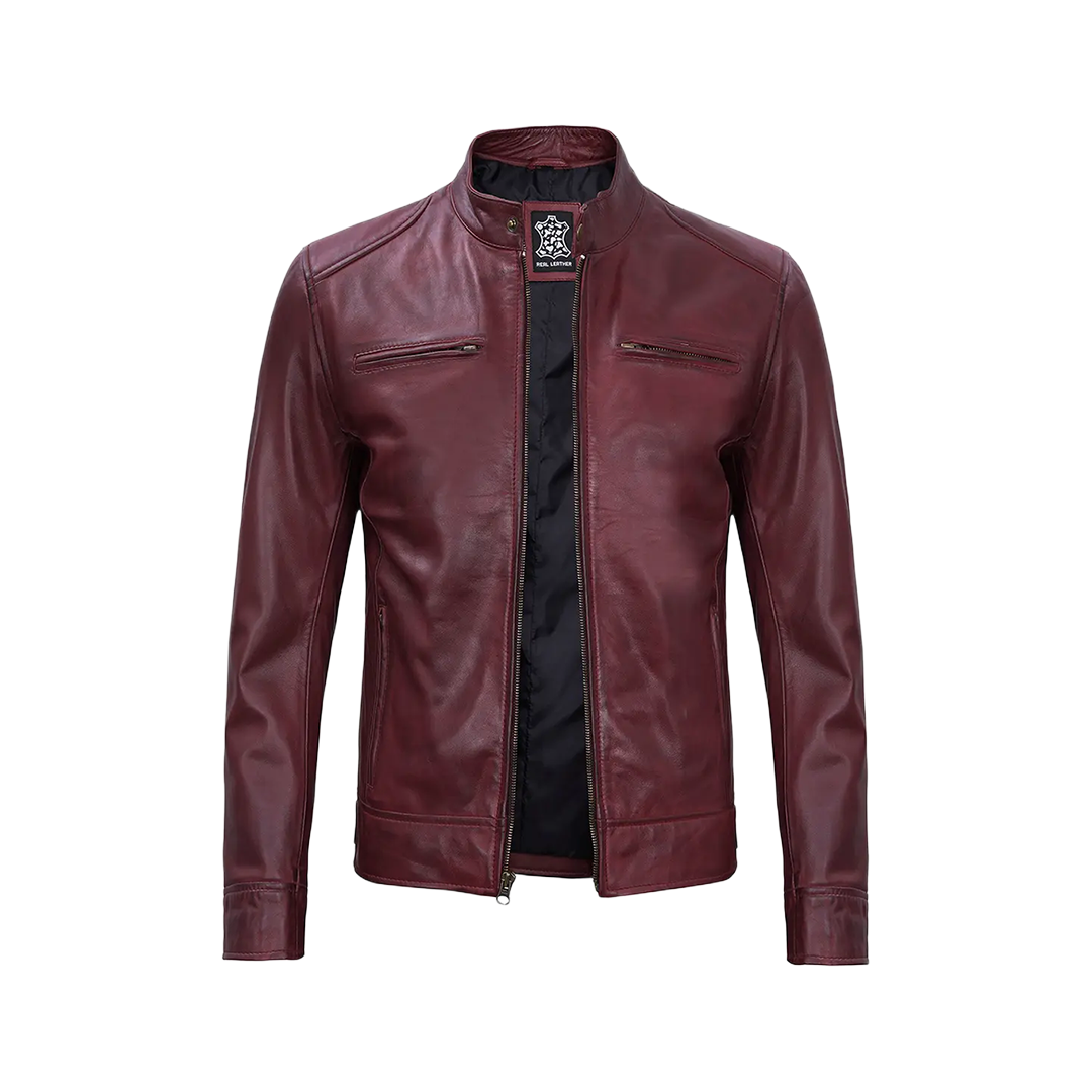 Men's Burgundy Leather Cafe Racer Motorcycle Jacket