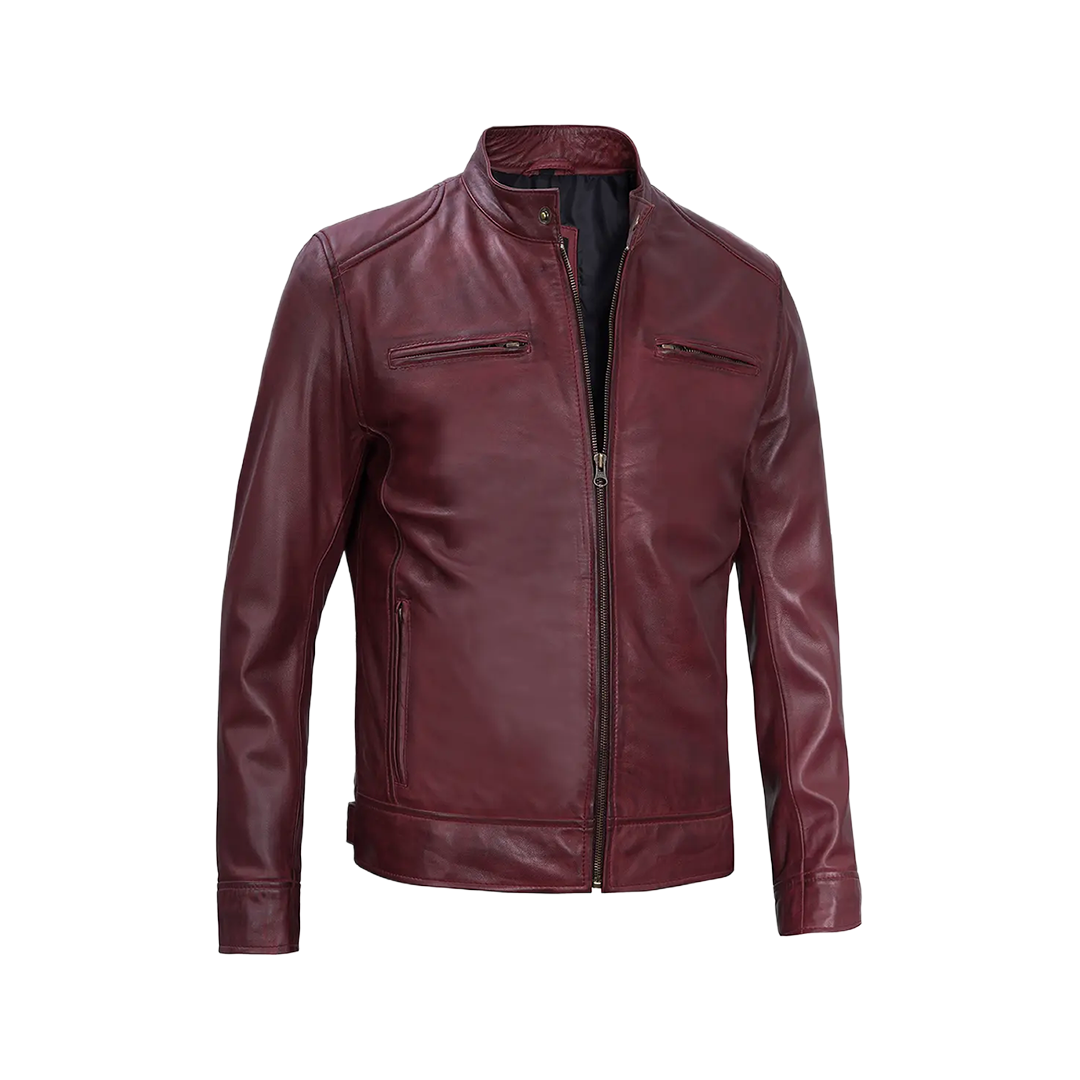 Men's Burgundy Leather Cafe Racer Motorcycle Jacket