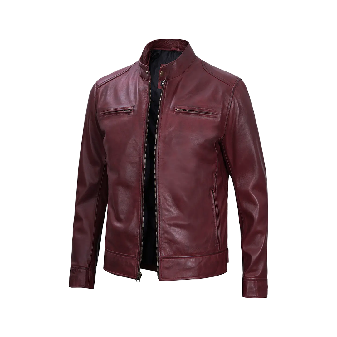 Men's Burgundy Leather Cafe Racer Motorcycle Jacket
