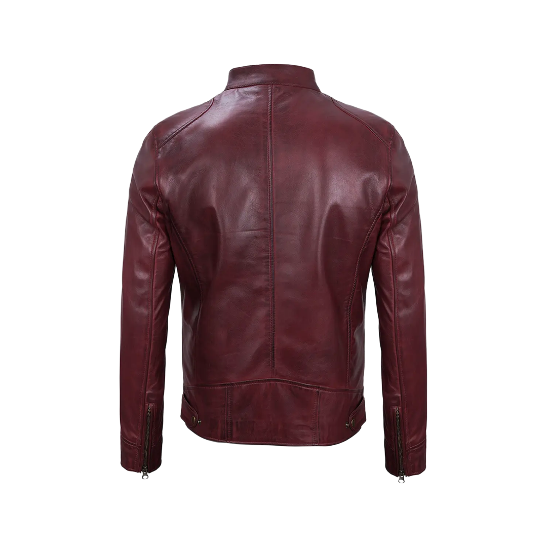 Men's Burgundy Leather Cafe Racer Motorcycle Jacket