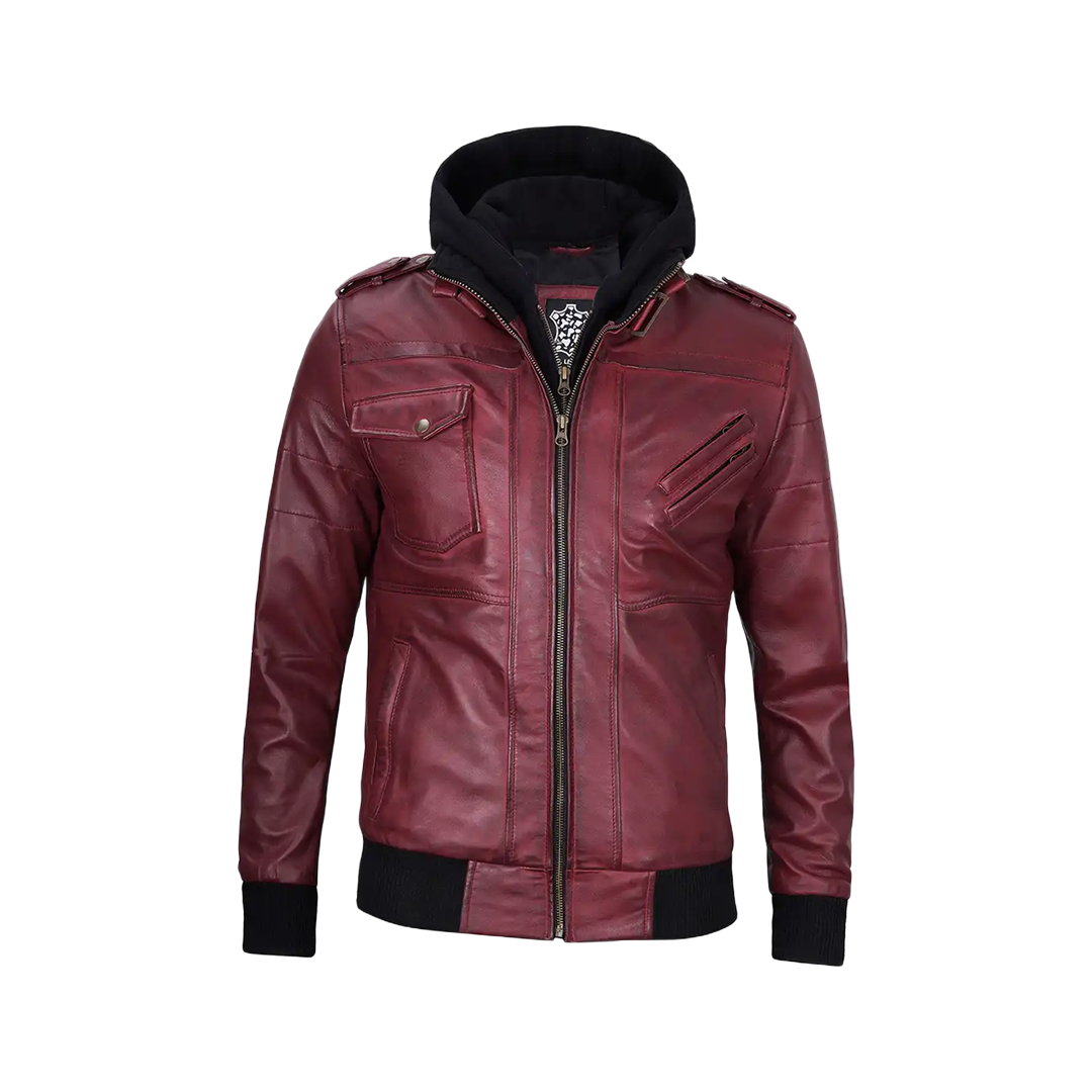 Men's Burgundy Leather Jacket with Removable Hood