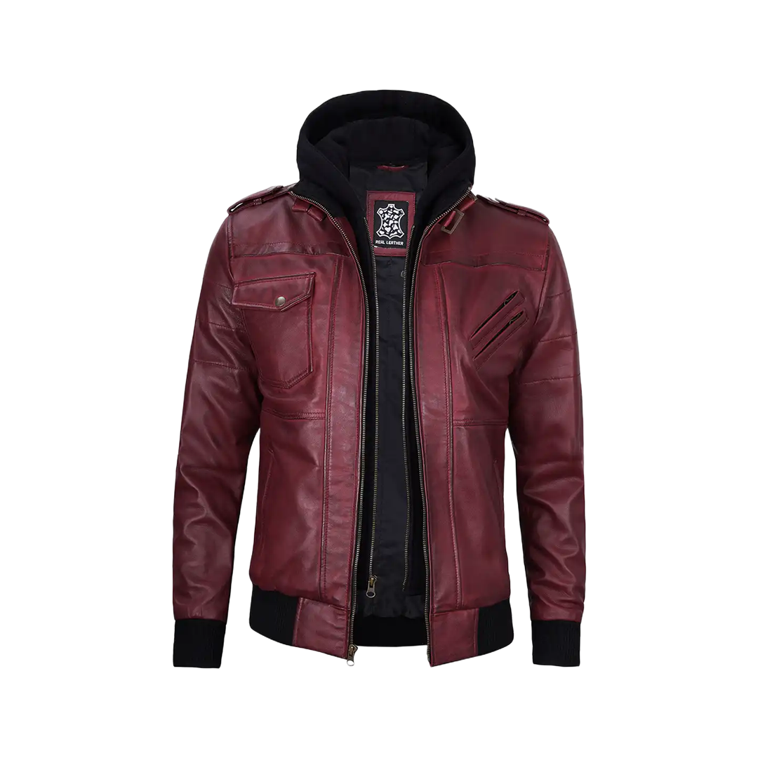 Men's Burgundy Leather Jacket with Removable Hood