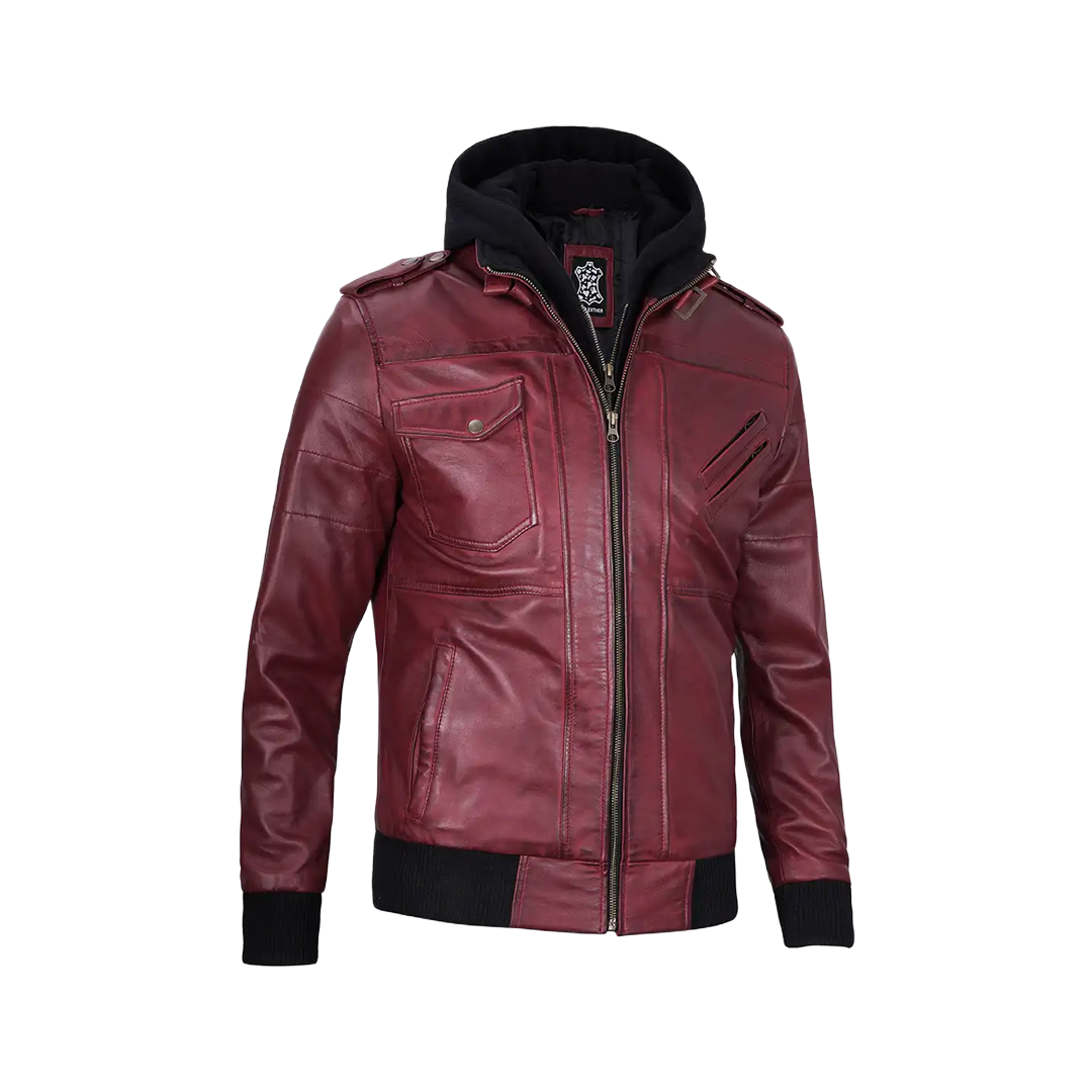 Men's Burgundy Leather Jacket with Removable Hood