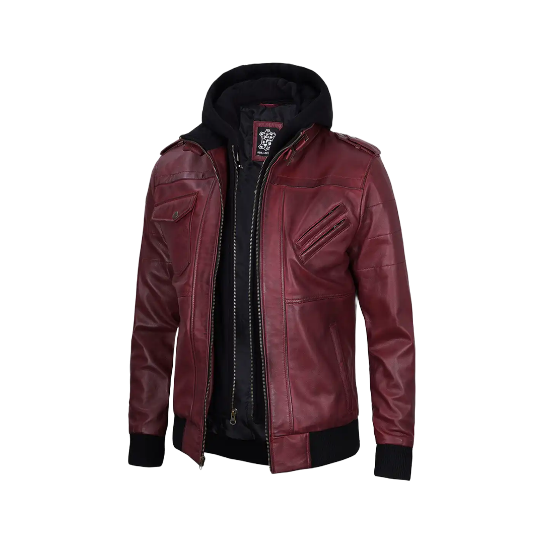 Men's Burgundy Leather Jacket with Removable Hood