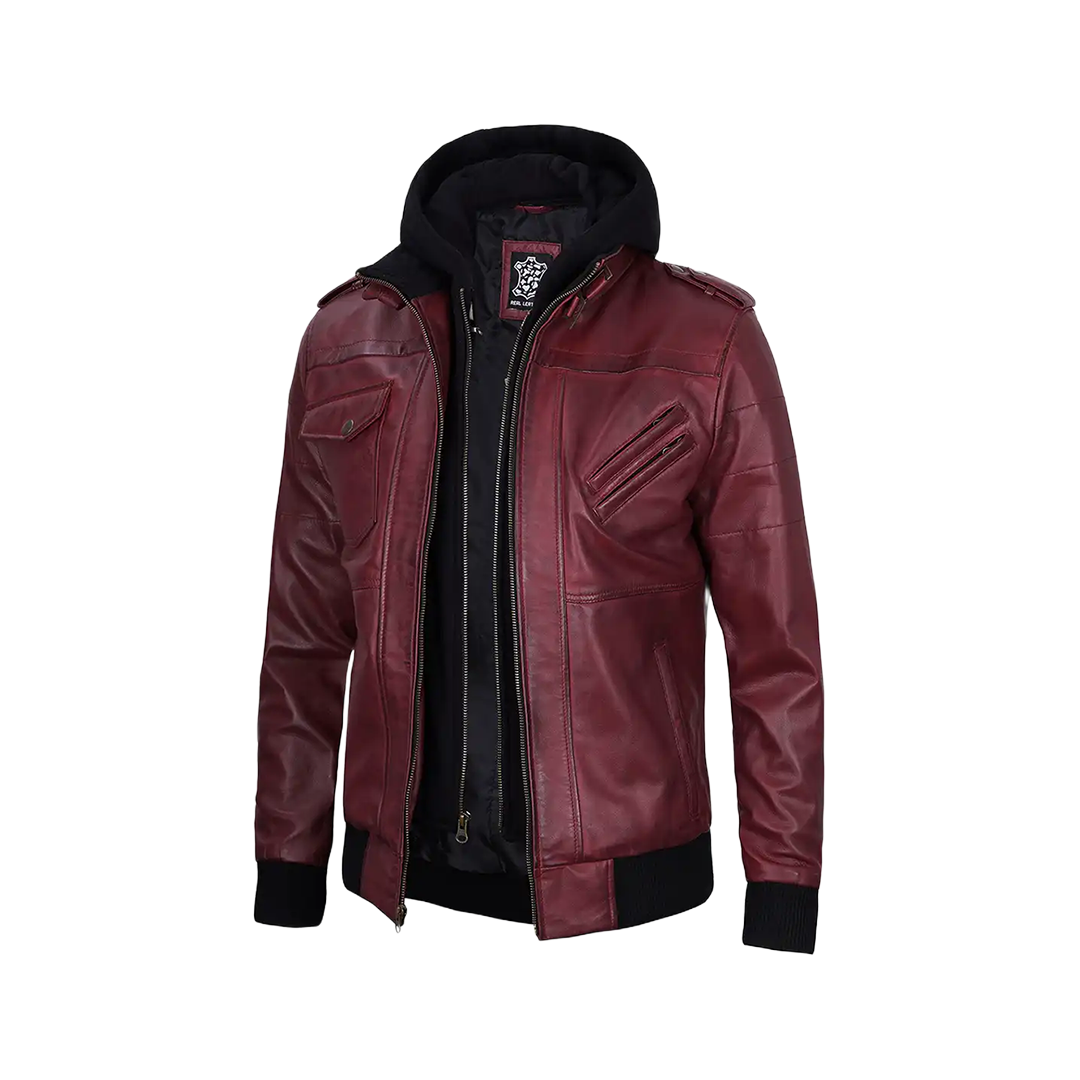 Men's Burgundy Leather Jacket with Removable Hood