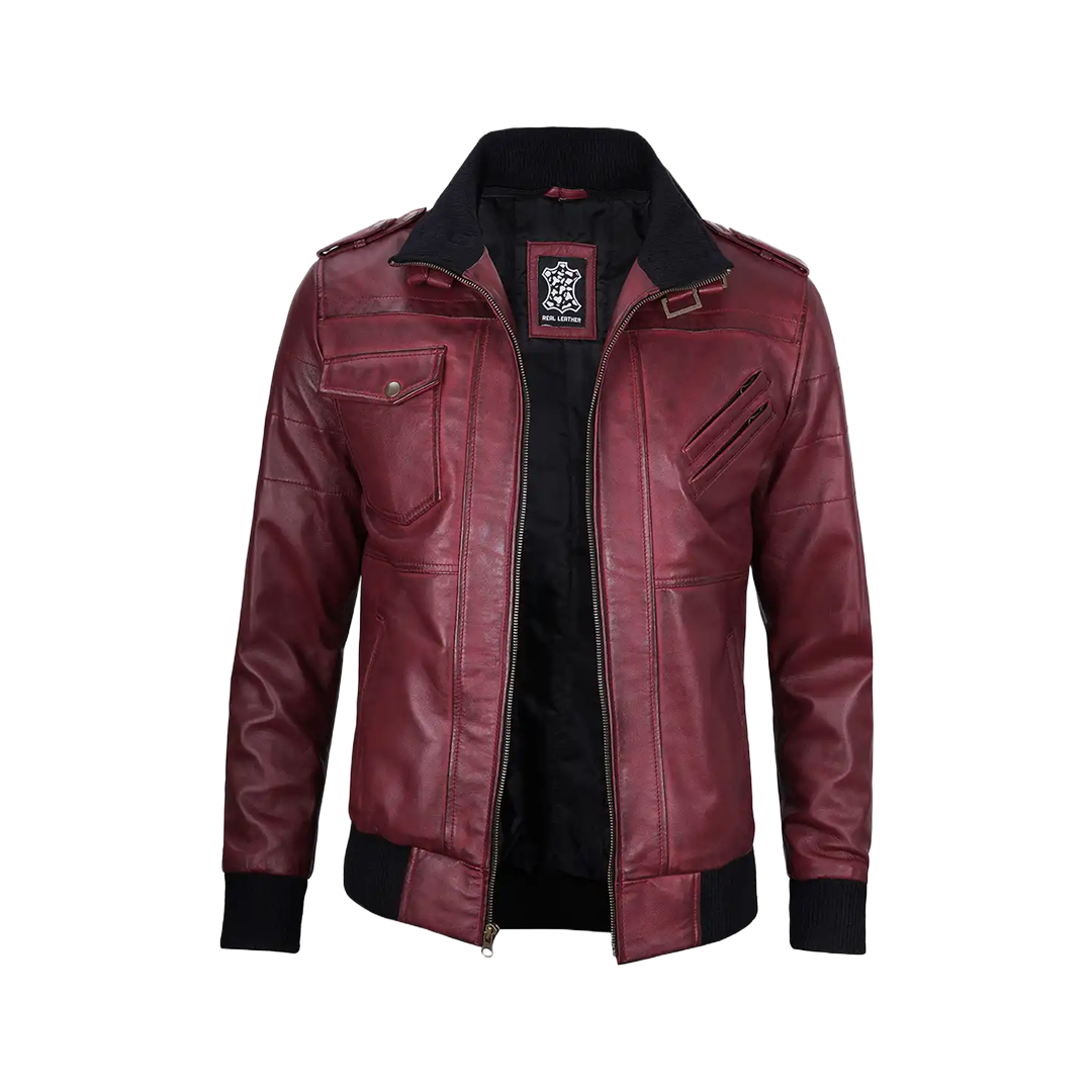 Men's Burgundy Leather Jacket with Removable Hood