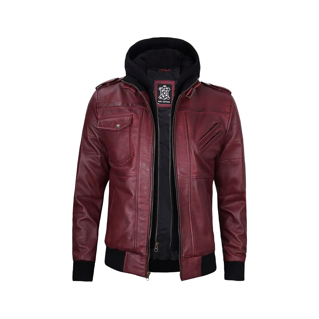 Men's Burgundy Leather Jacket with Removable Hood