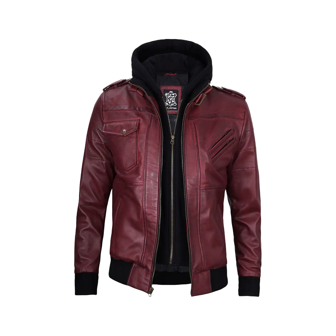 Men's Burgundy Leather Jacket with Removable Hood