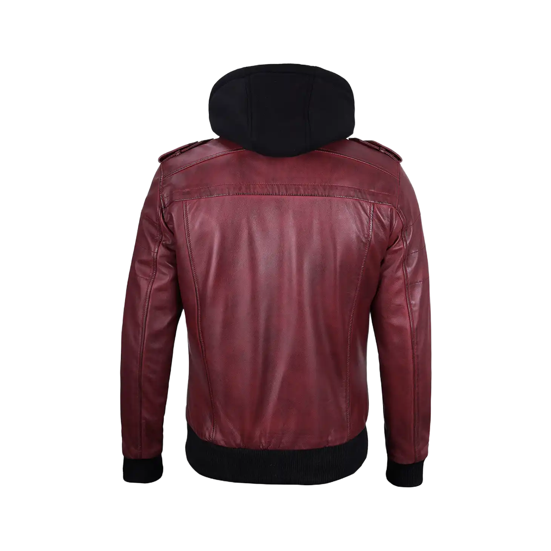 Men's Burgundy Leather Jacket with Removable Hood