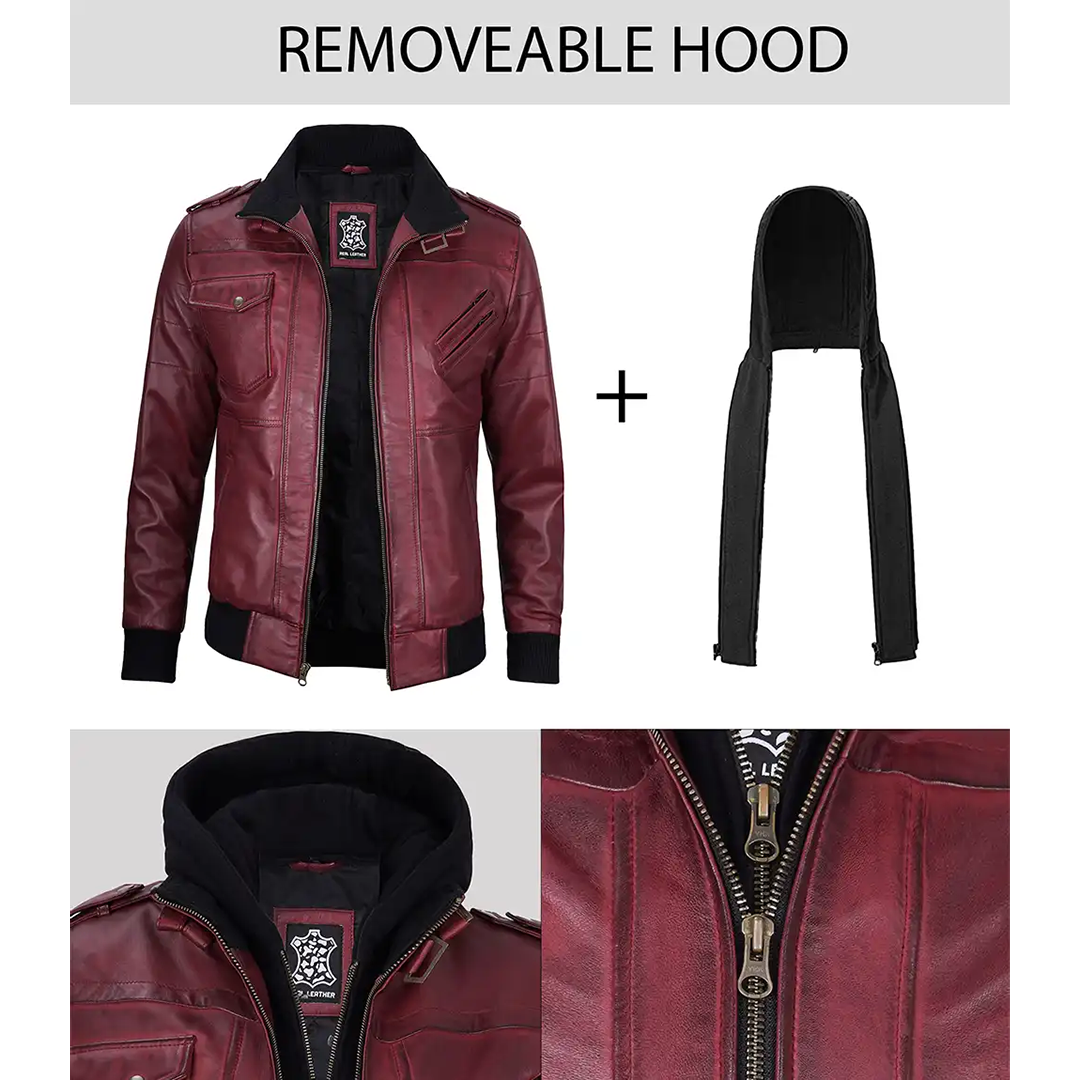 Men's Burgundy Leather Jacket with Removable Hood