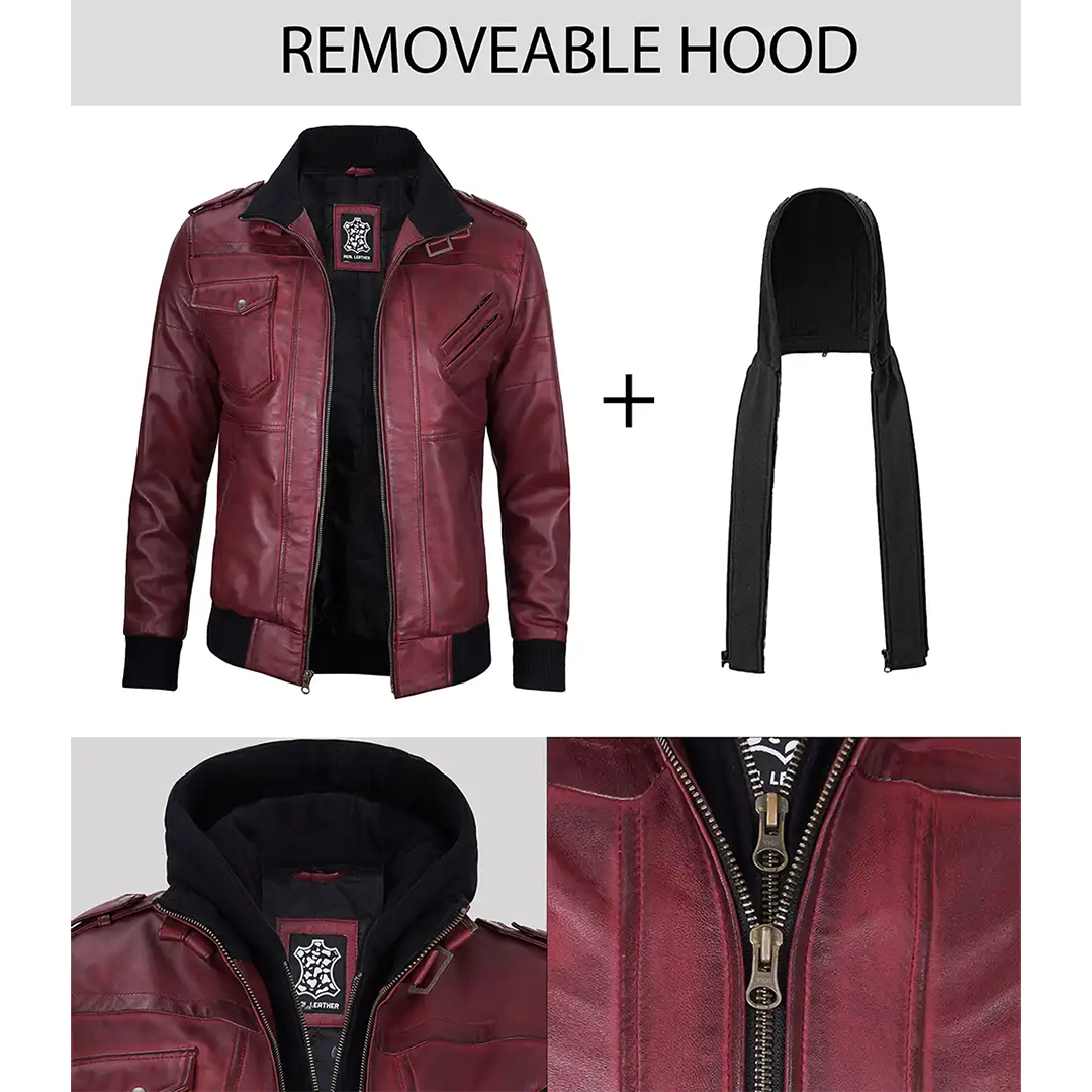 Men's Burgundy Leather Jacket with Removable Hood