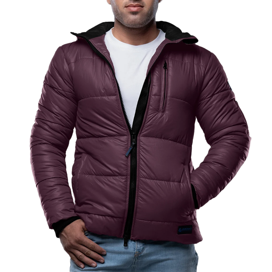 Men's Maroon Puffer Jacket with Hood - Down Insulation