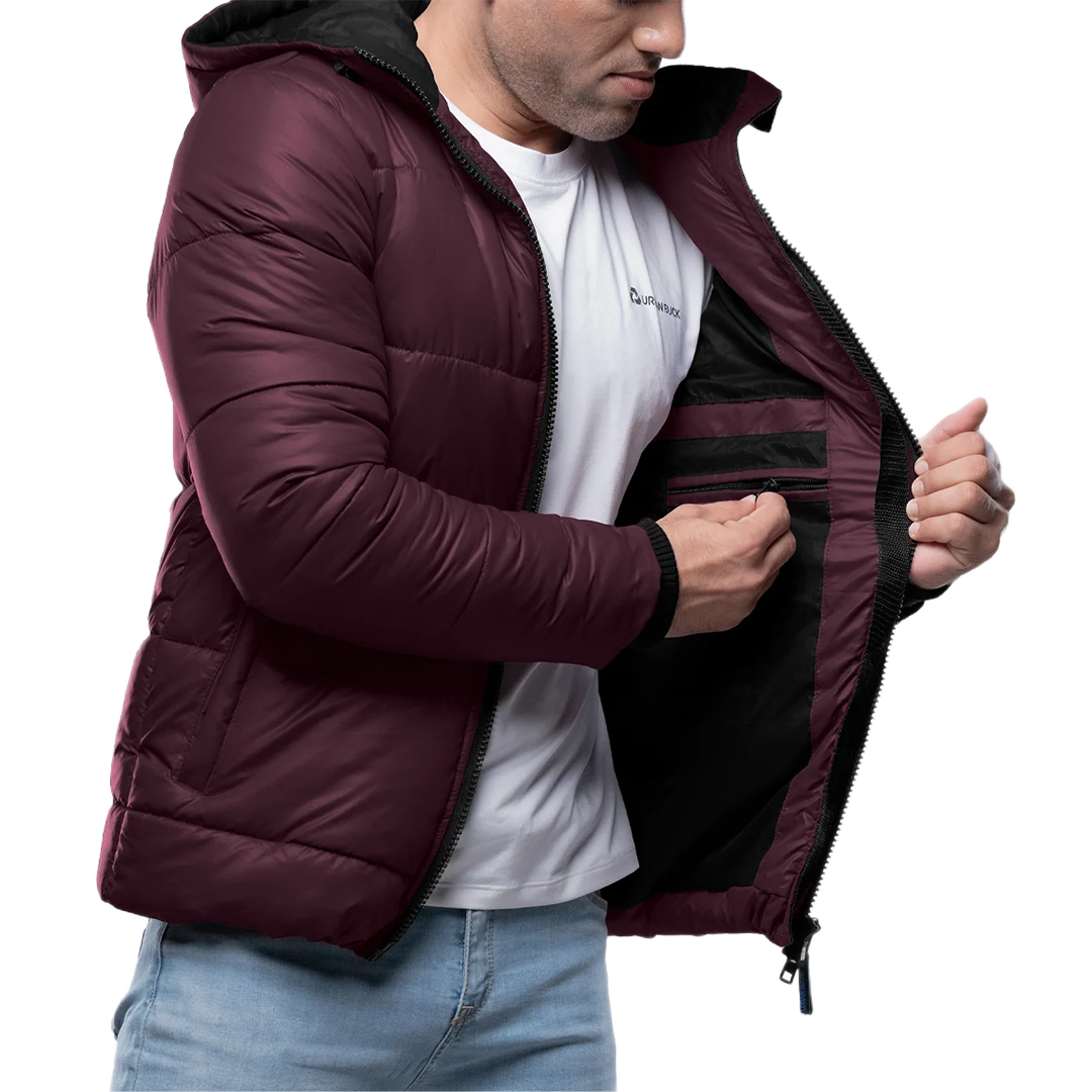 Men's Maroon Puffer Jacket with Hood - Down Insulation