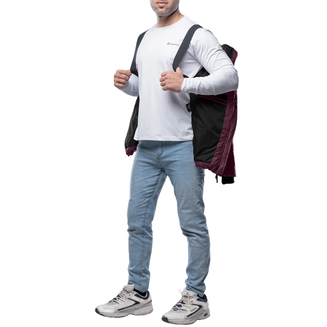 Men's Maroon Puffer Jacket with Hood - Down Insulation