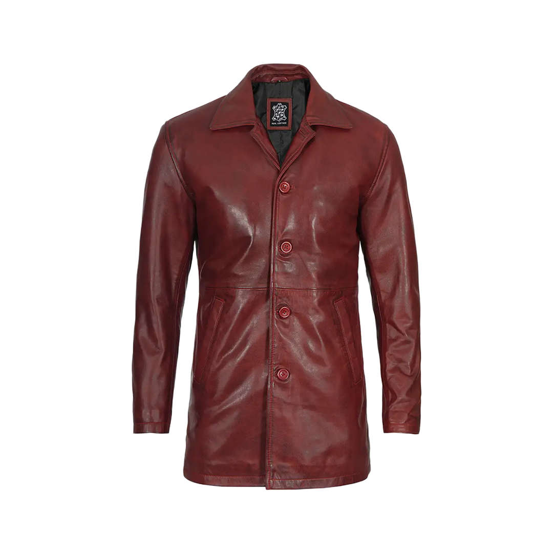 Men's Burgundy Real Lambskin Leather Car Coat