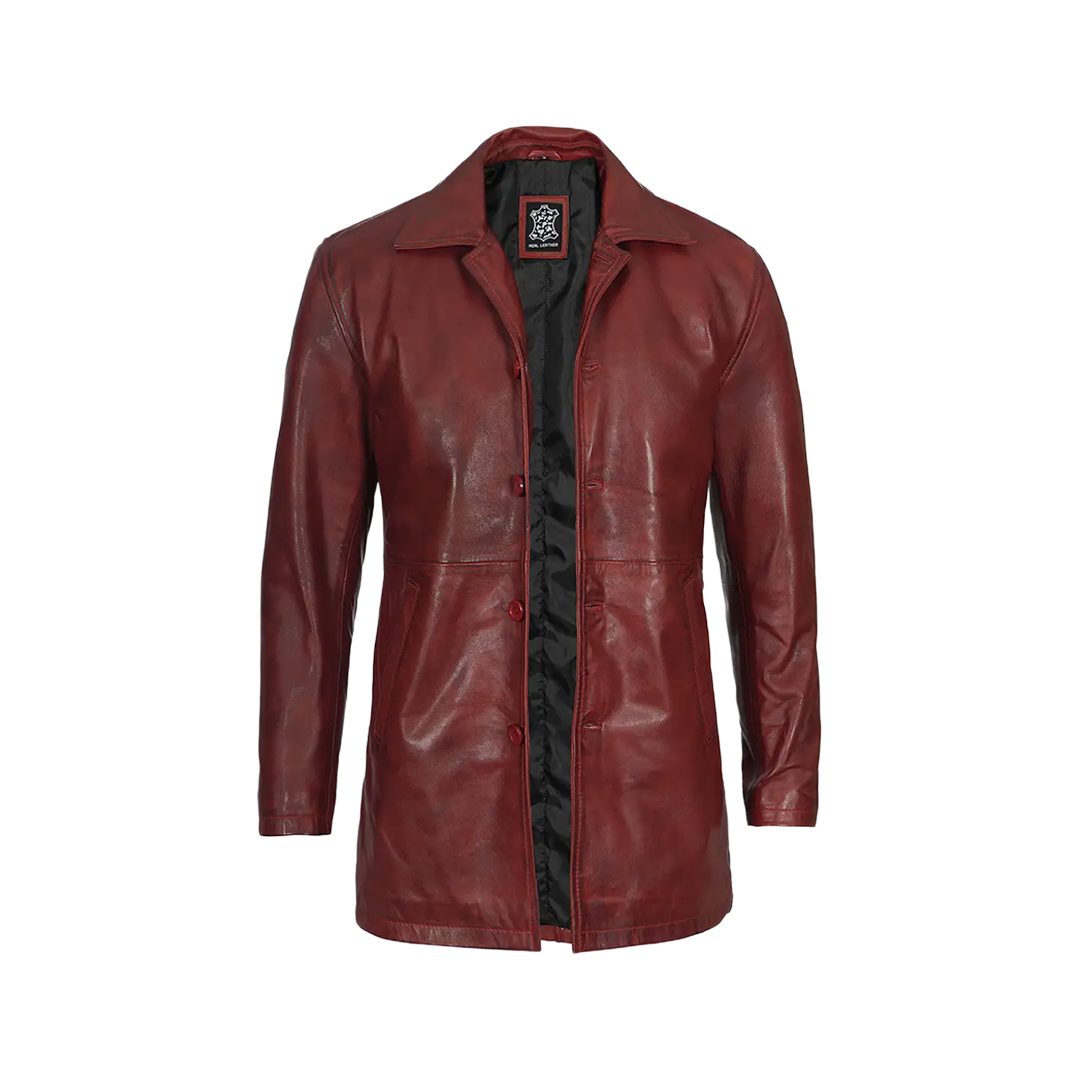 Men's Burgundy Real Lambskin Leather Car Coat
