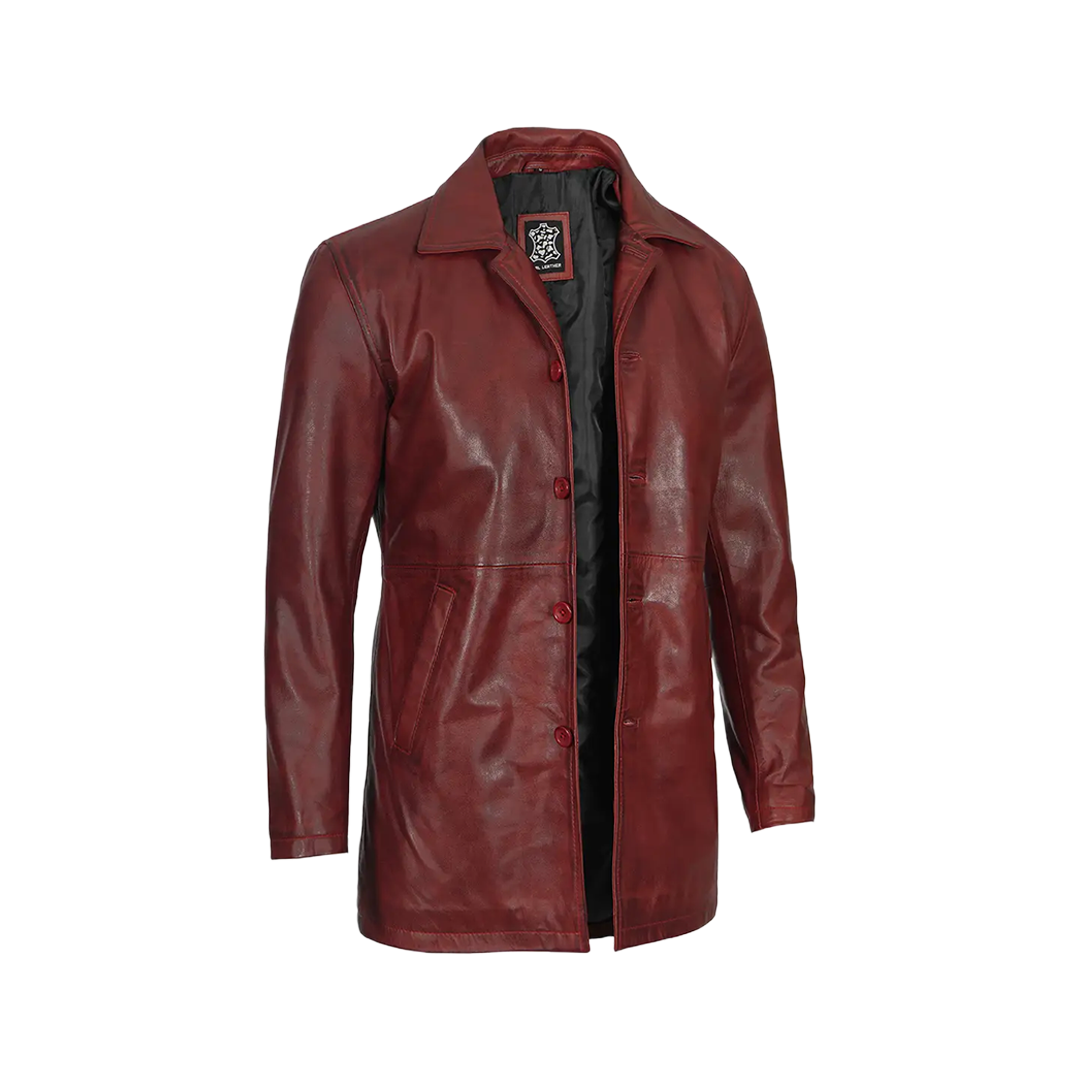 Men's Burgundy Real Lambskin Leather Car Coat