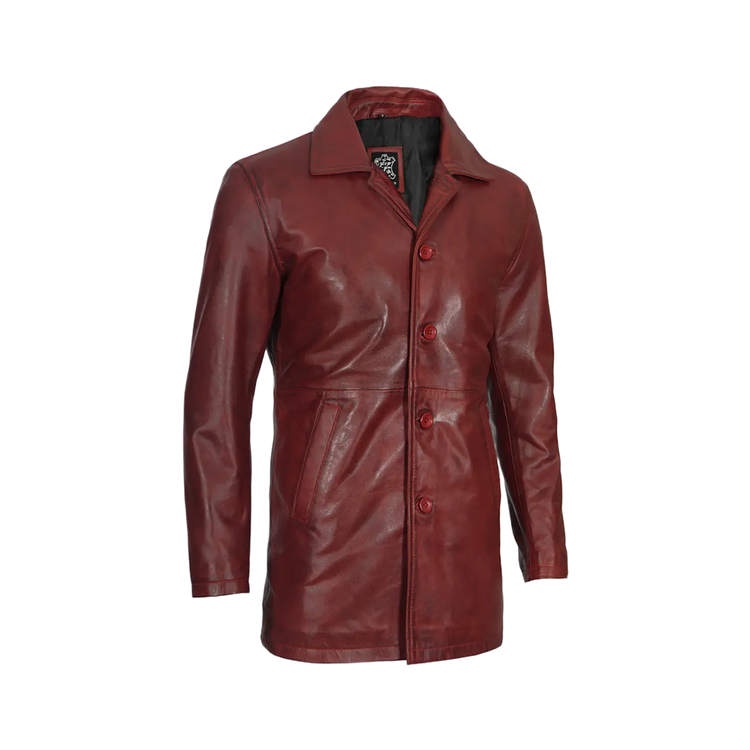 Men's Burgundy Real Lambskin Leather Car Coat