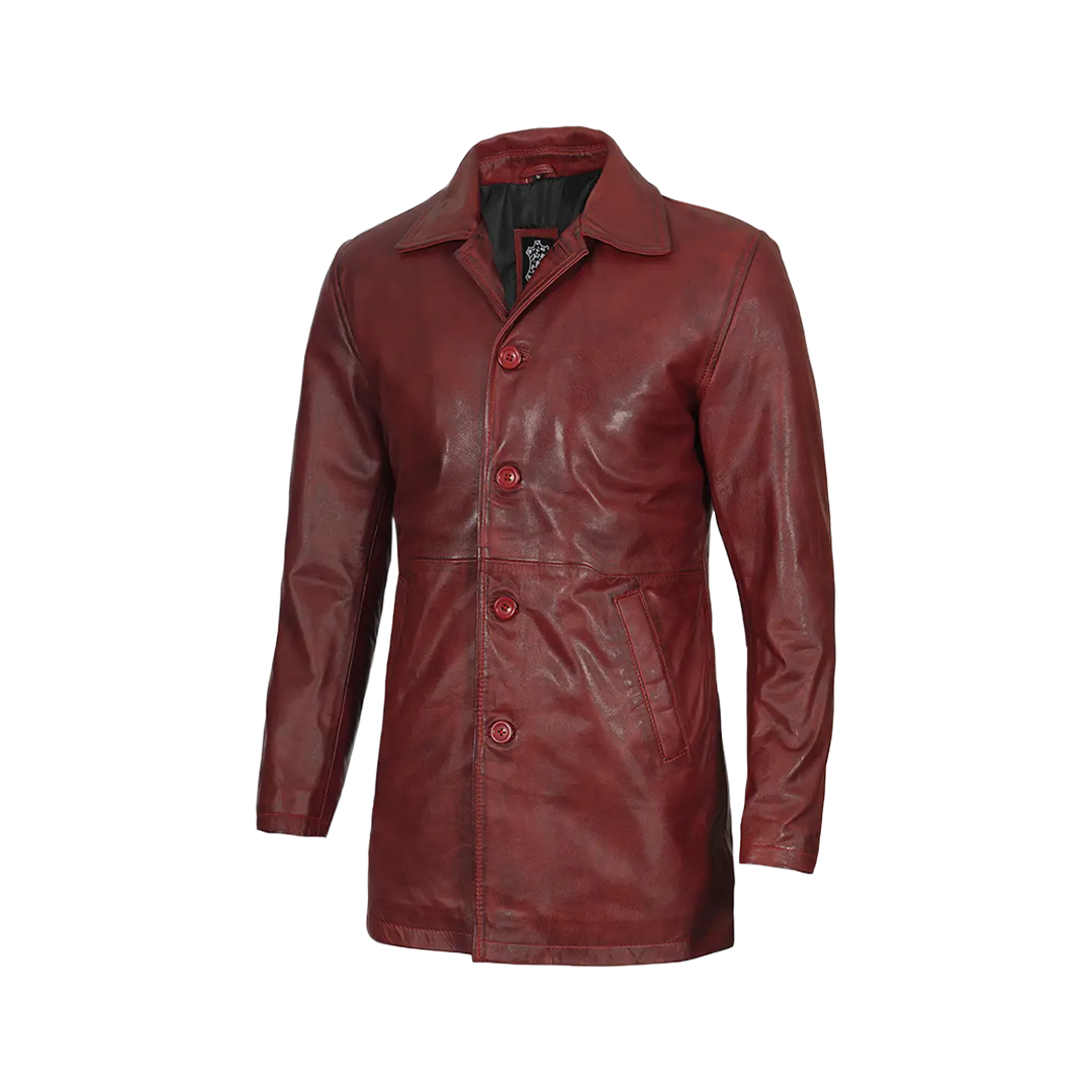 Men's Burgundy Real Lambskin Leather Car Coat