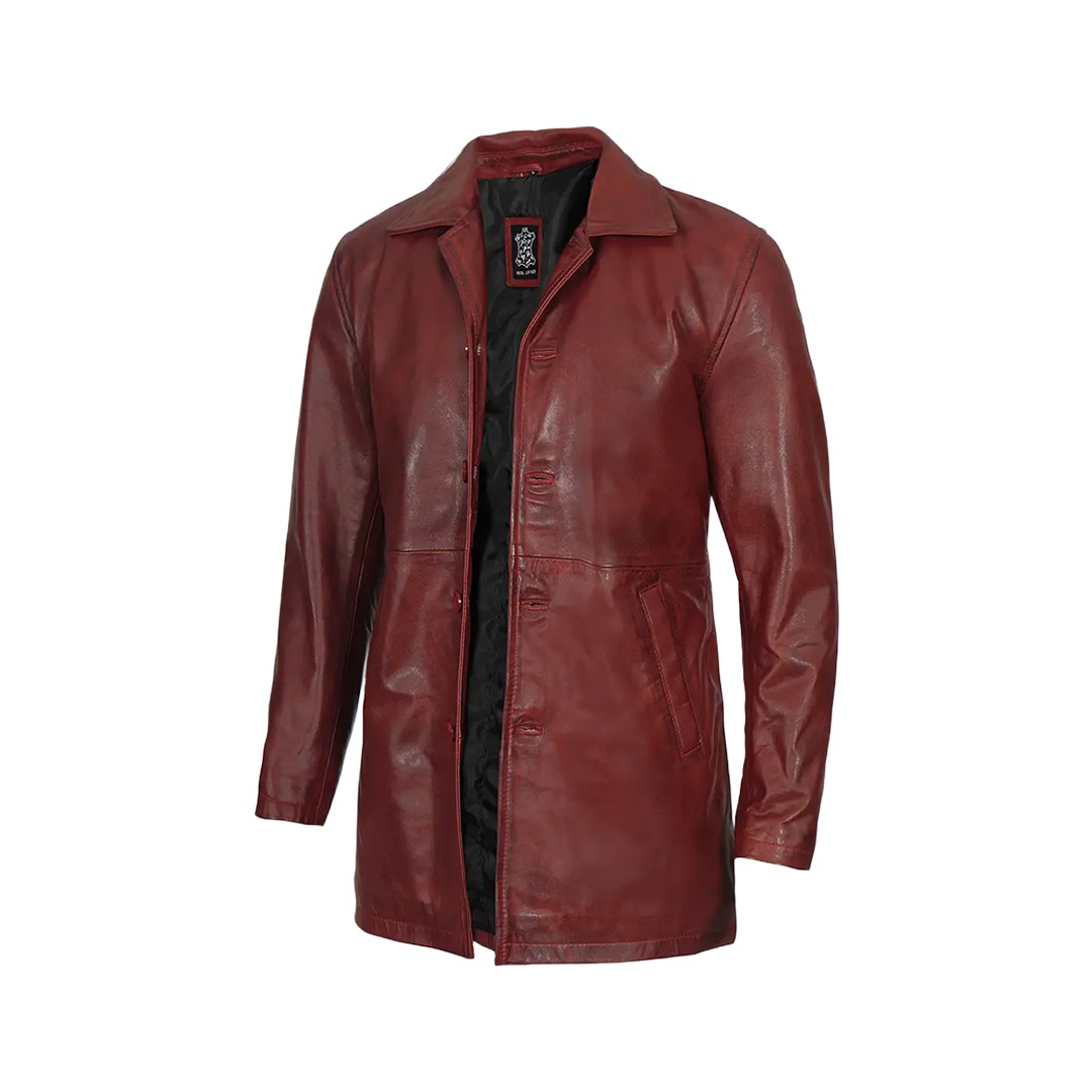 Men's Burgundy Real Lambskin Leather Car Coat