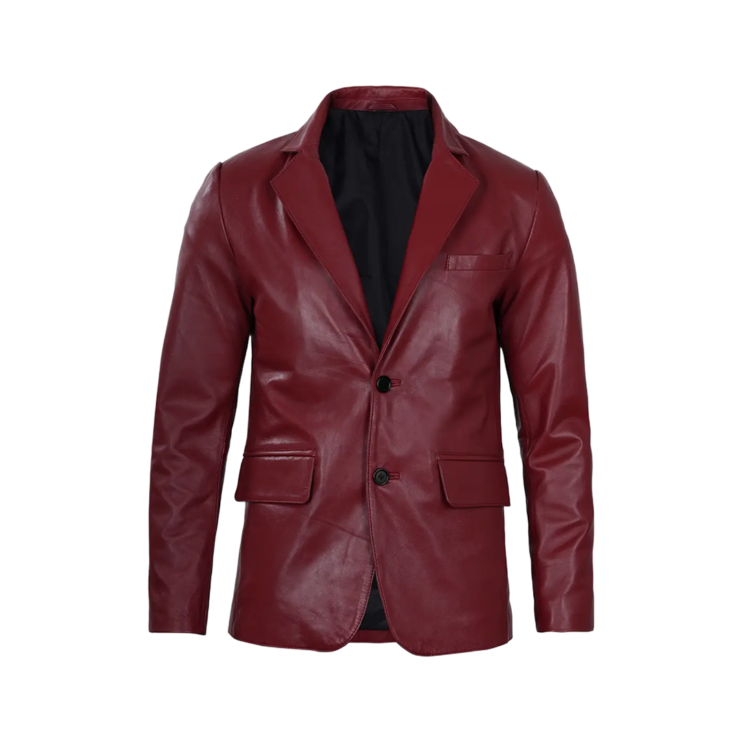Men's Burgundy Real Leather Blazer Jacket