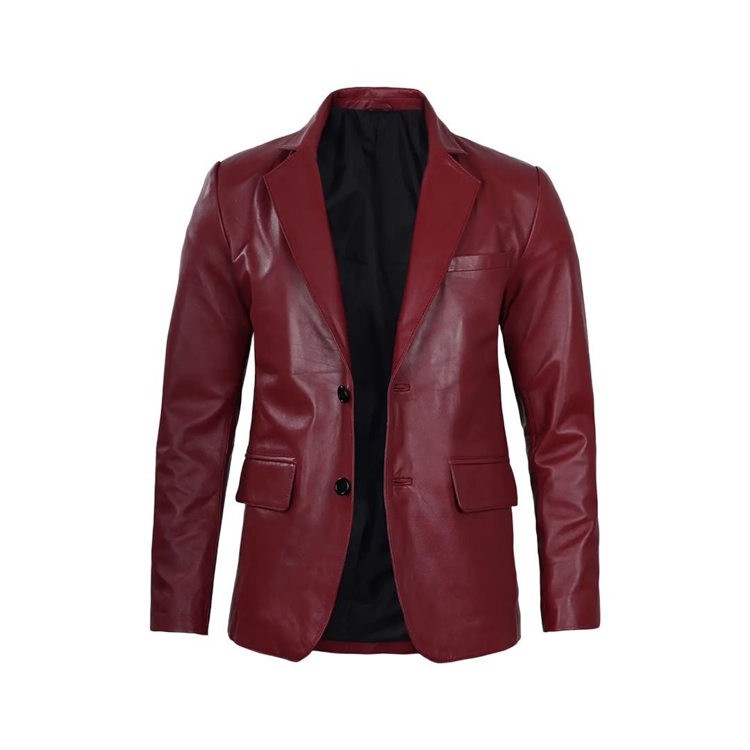 Men's Burgundy Real Leather Blazer Jacket