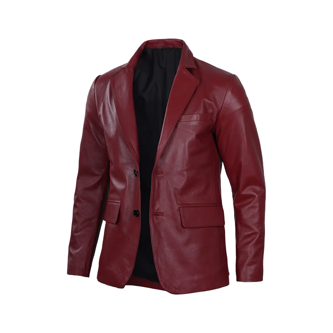 Men's Burgundy Real Leather Blazer Jacket