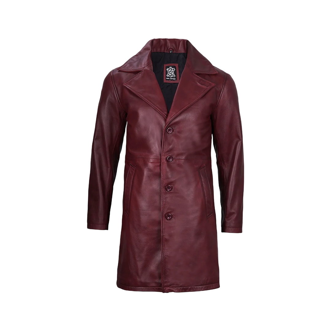 Men's Burgundy Real Leather Car Coat