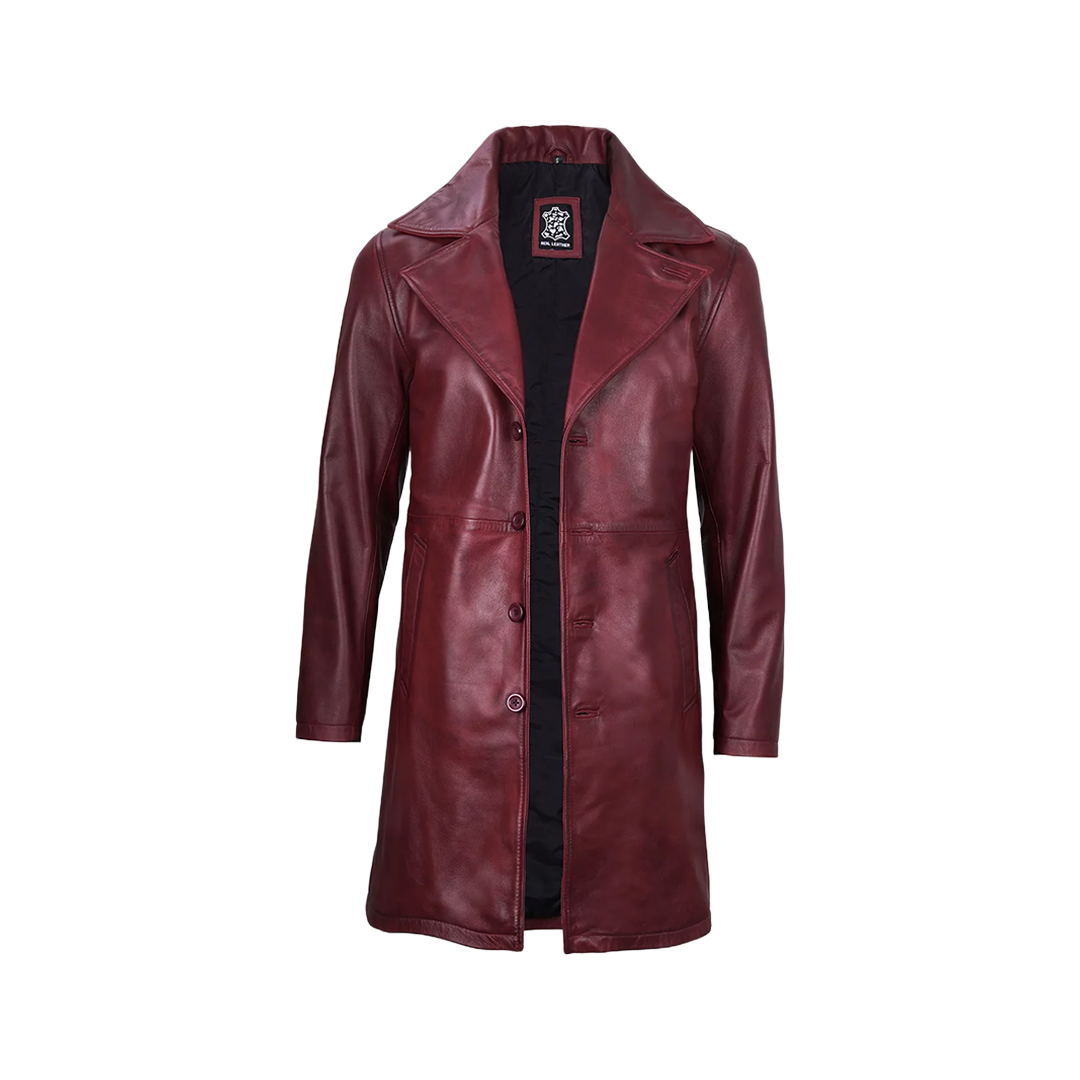 Men's Burgundy Real Leather Car Coat