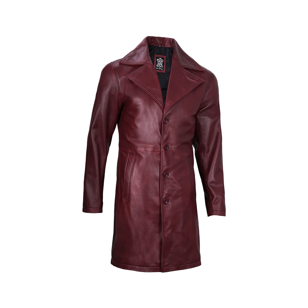 Men's Burgundy Real Leather Car Coat