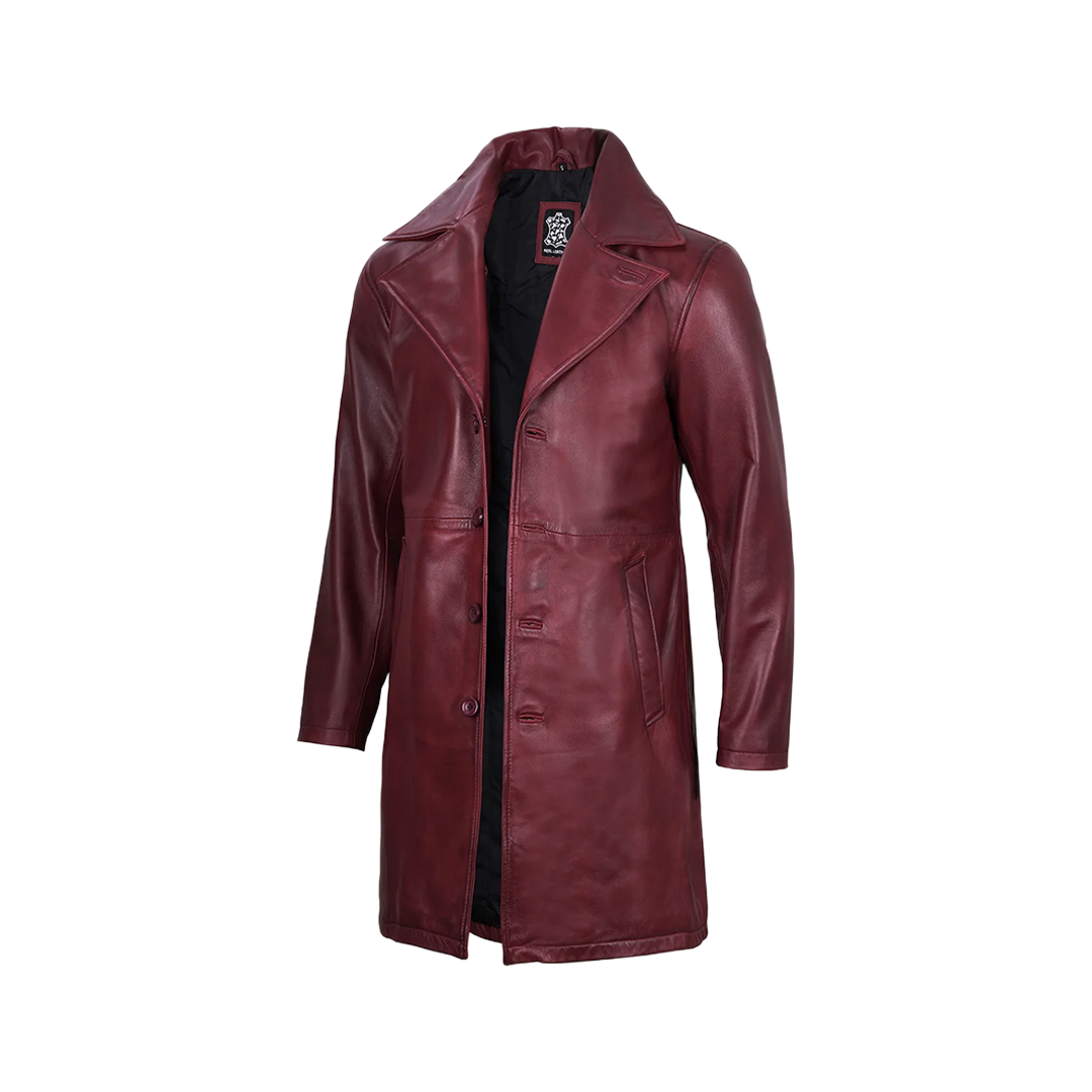 Men's Burgundy Real Leather Car Coat