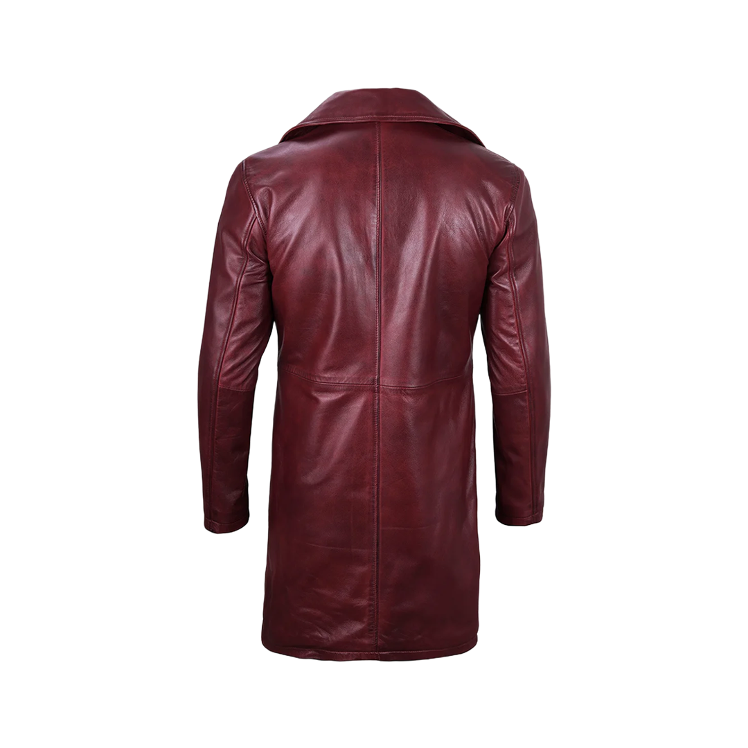 Men's Burgundy Real Leather Car Coat