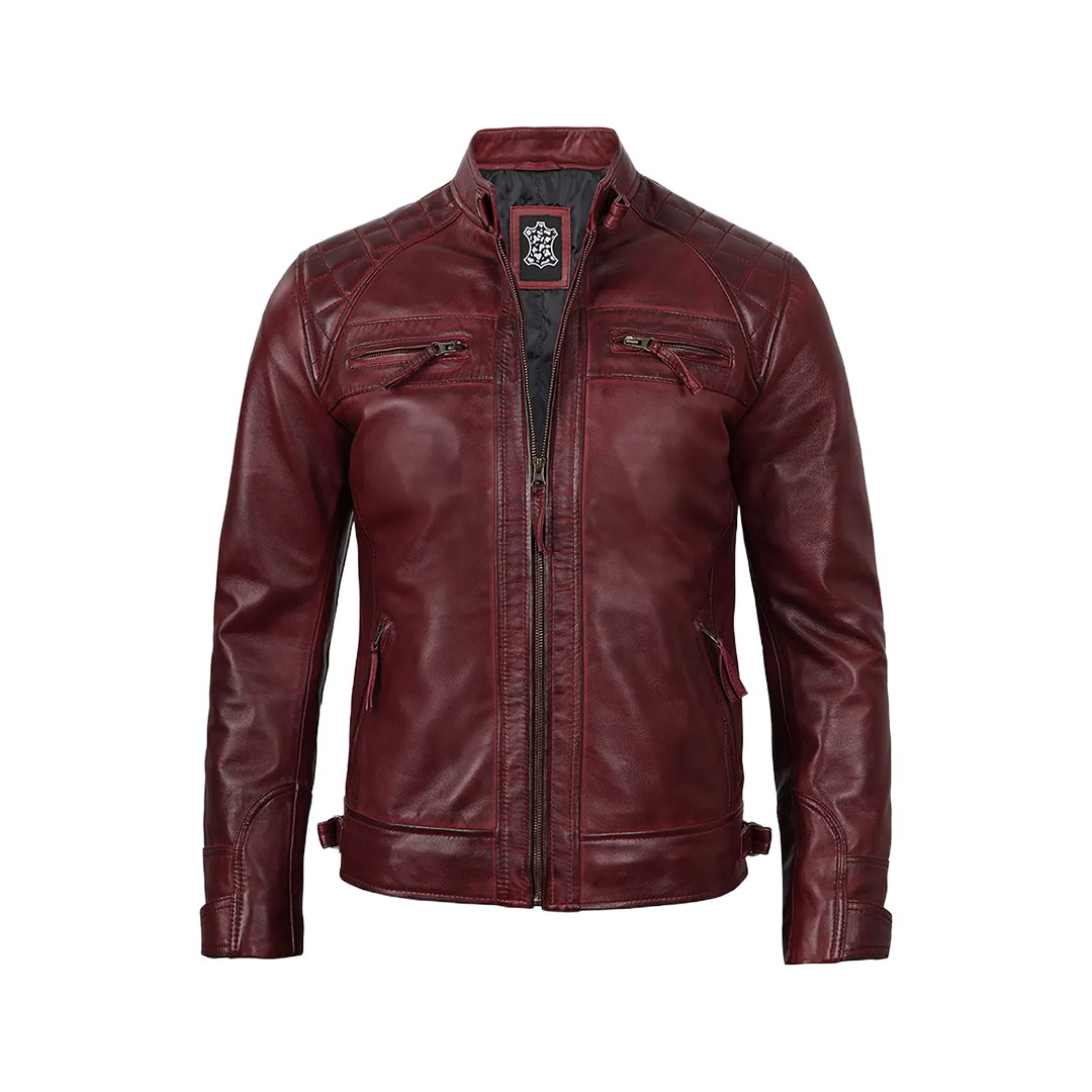 Men’s Burgundy Waxed Quilted Leather Motorcycle Jacket