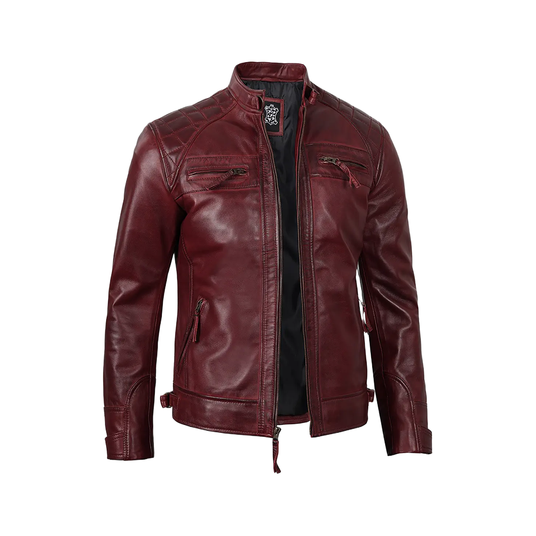 Men’s Burgundy Waxed Quilted Leather Motorcycle Jacket
