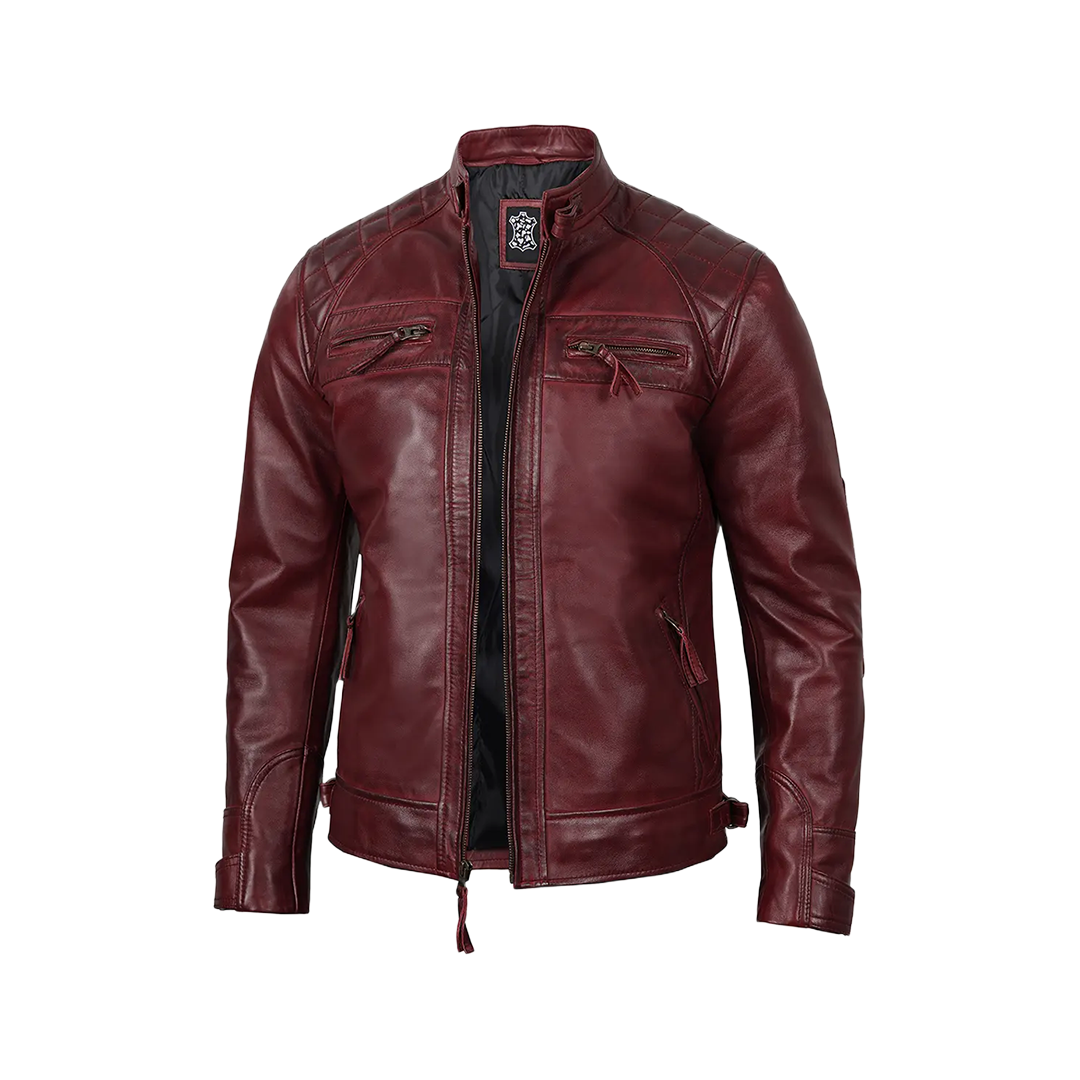 Men’s Burgundy Waxed Quilted Leather Motorcycle Jacket