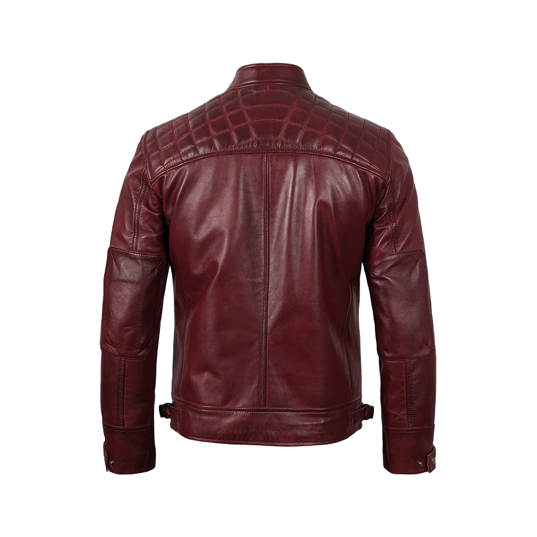 Men’s Burgundy Waxed Quilted Leather Motorcycle Jacket