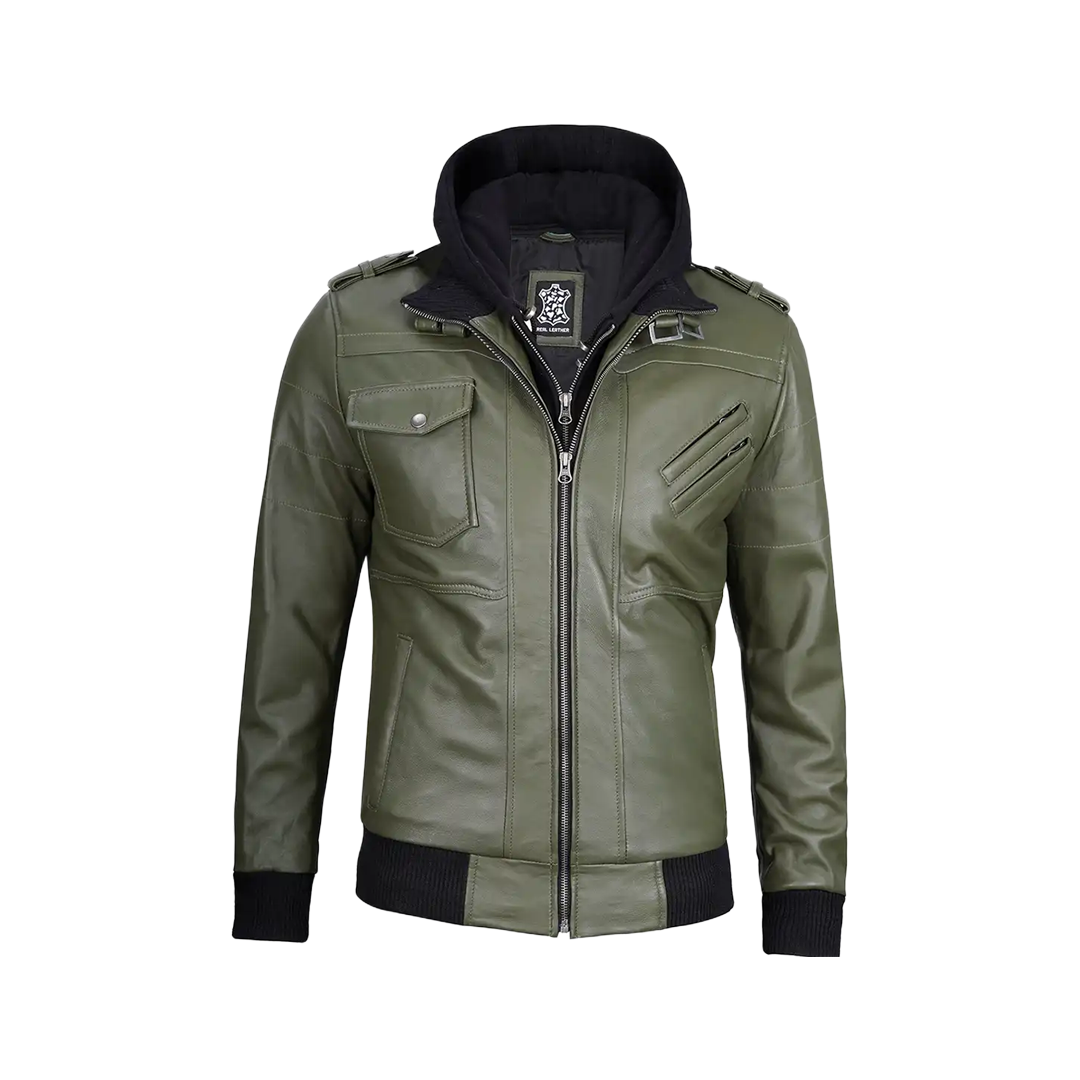 Men's Military Green Leather Jacket with Removable Hood
