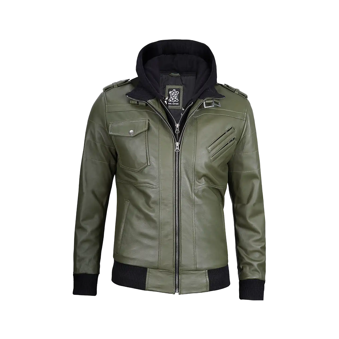 Men's Military Green Leather Jacket with Removable Hood