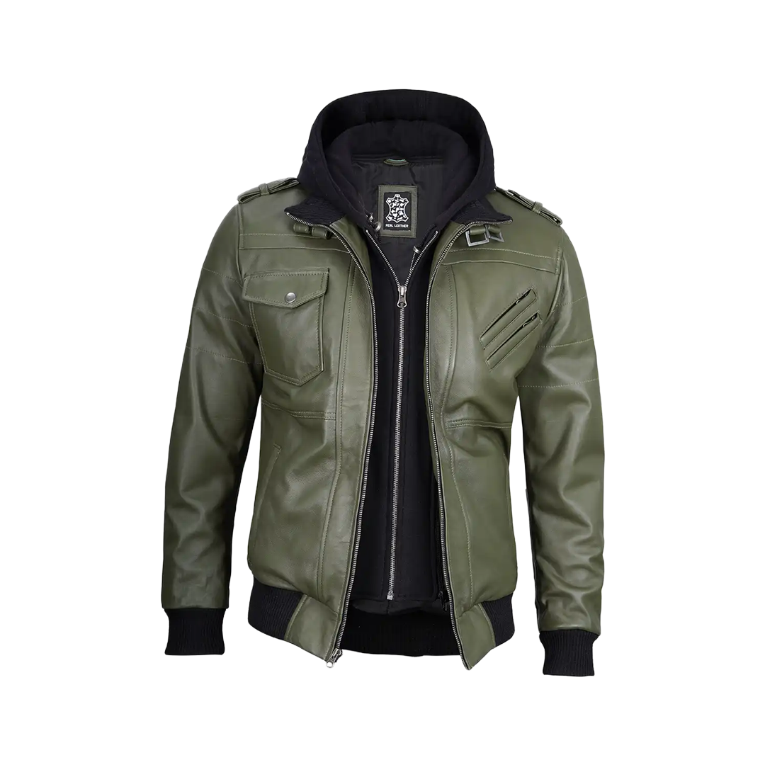 Men's Military Green Leather Jacket with Removable Hood