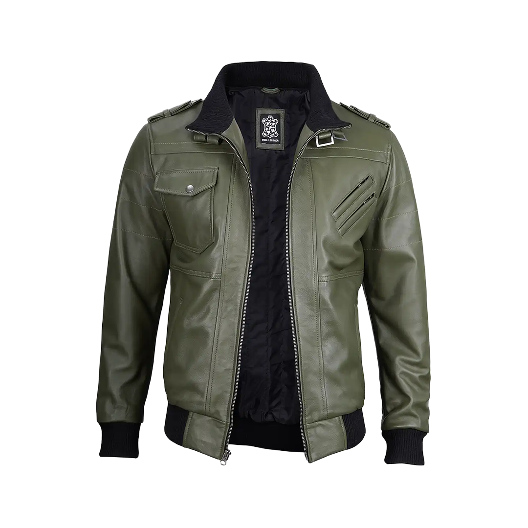 Men's Military Green Leather Jacket with Removable Hood