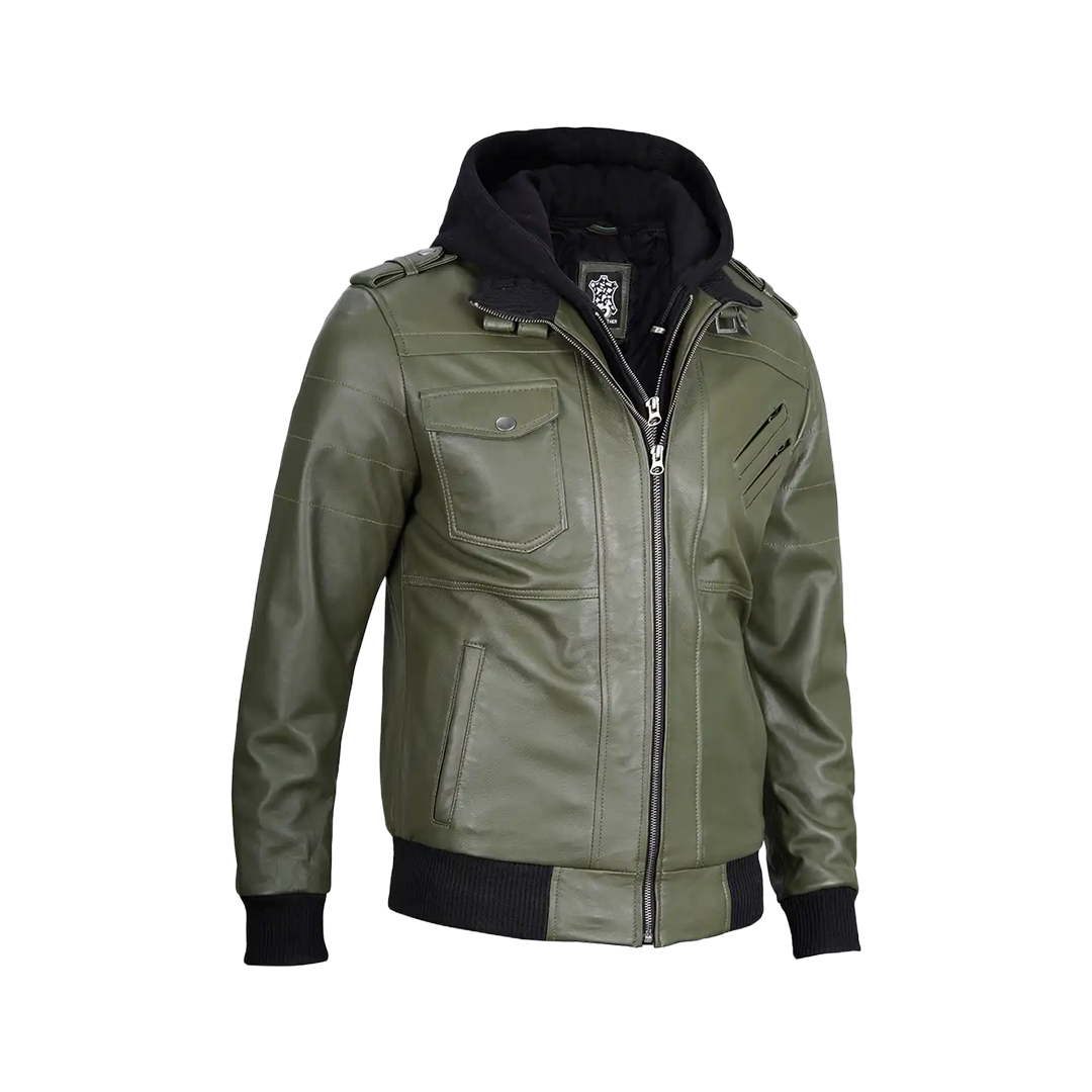 Men's Military Green Leather Jacket with Removable Hood