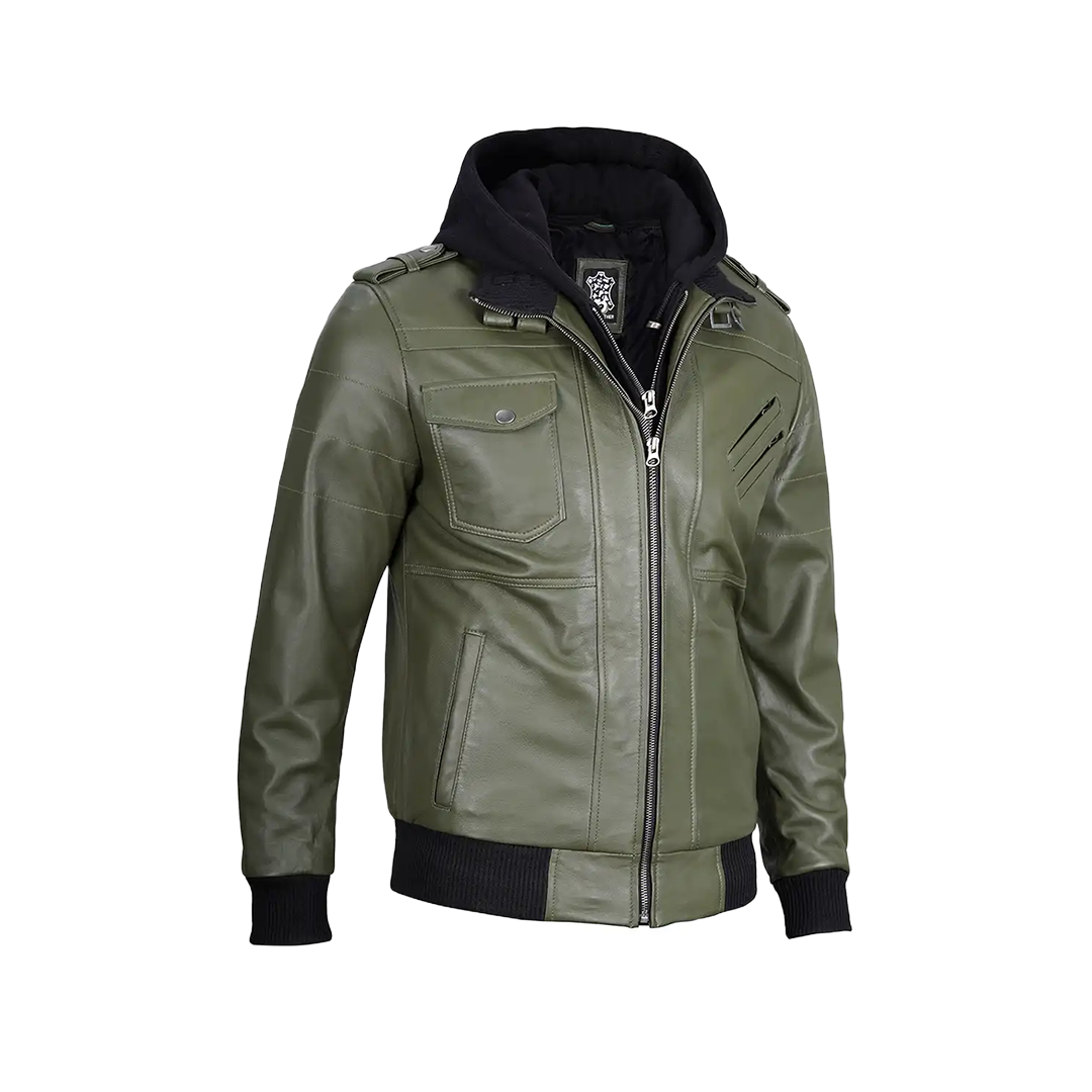 Men's Military Green Leather Jacket with Removable Hood