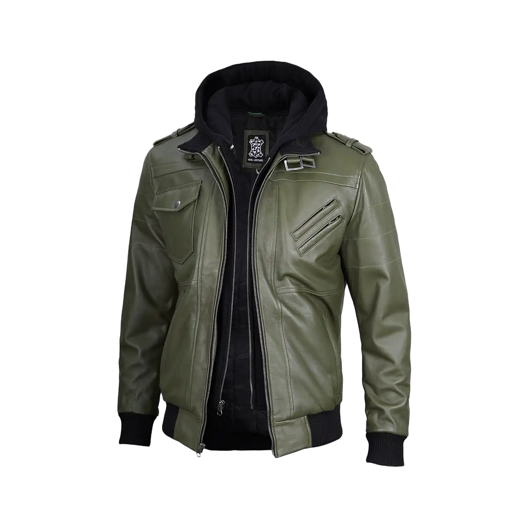 Men's Military Green Leather Jacket with Removable Hood