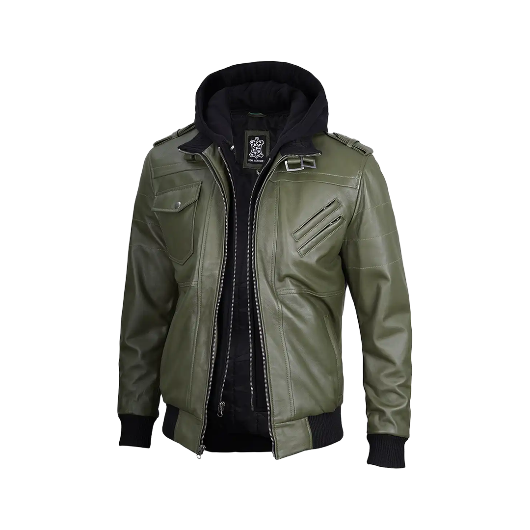 Men's Military Green Leather Jacket with Removable Hood