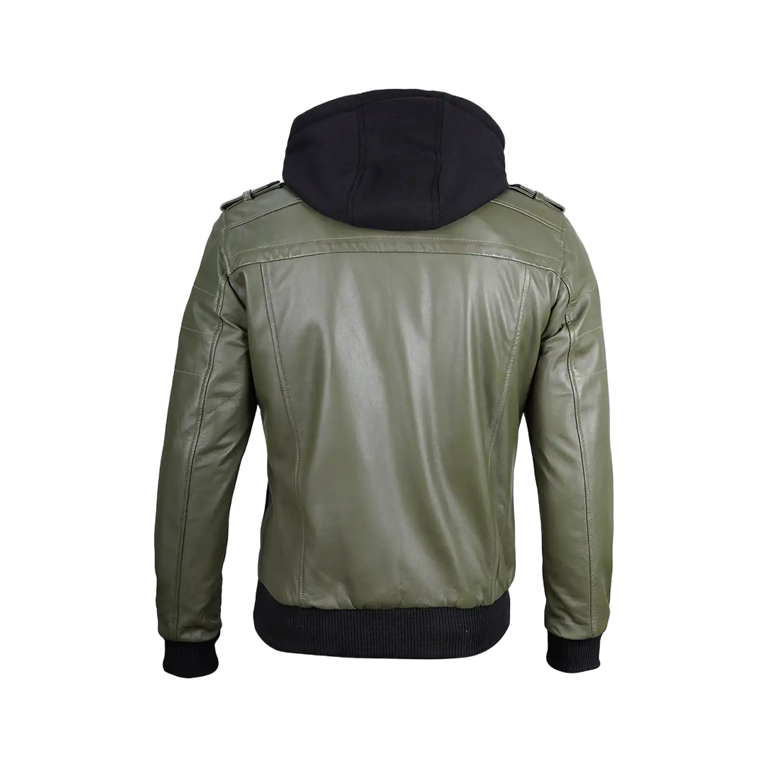Men's Military Green Leather Jacket with Removable Hood