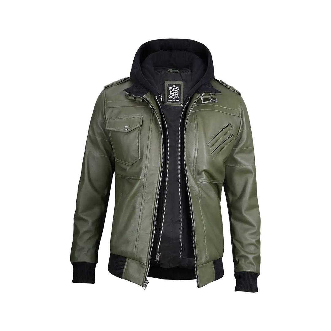 Men's Military Green Leather Jacket with Removable Hood