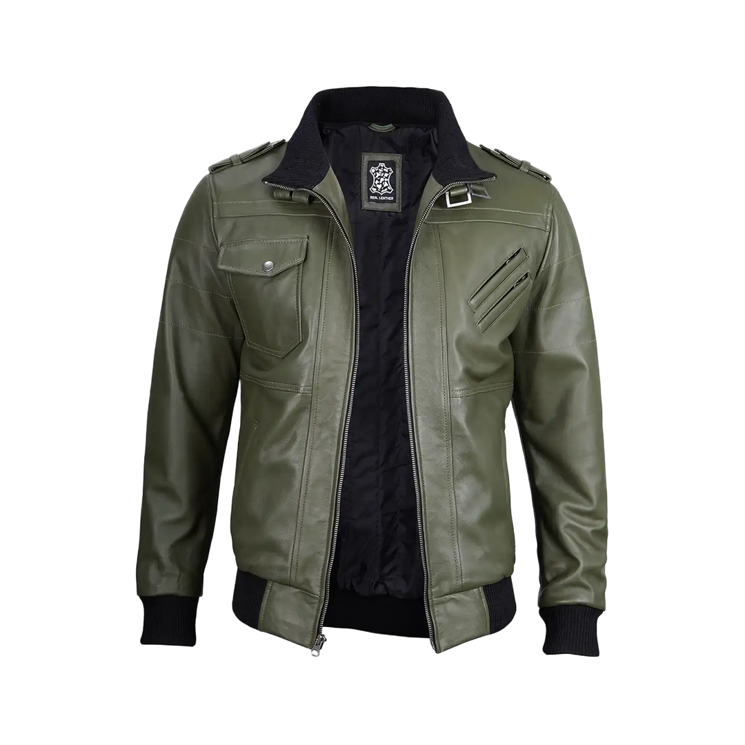 Men's Military Green Leather Jacket with Removable Hood