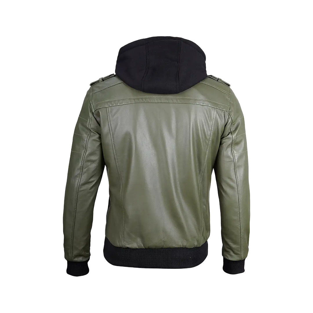 Men's Military Green Leather Jacket with Removable Hood